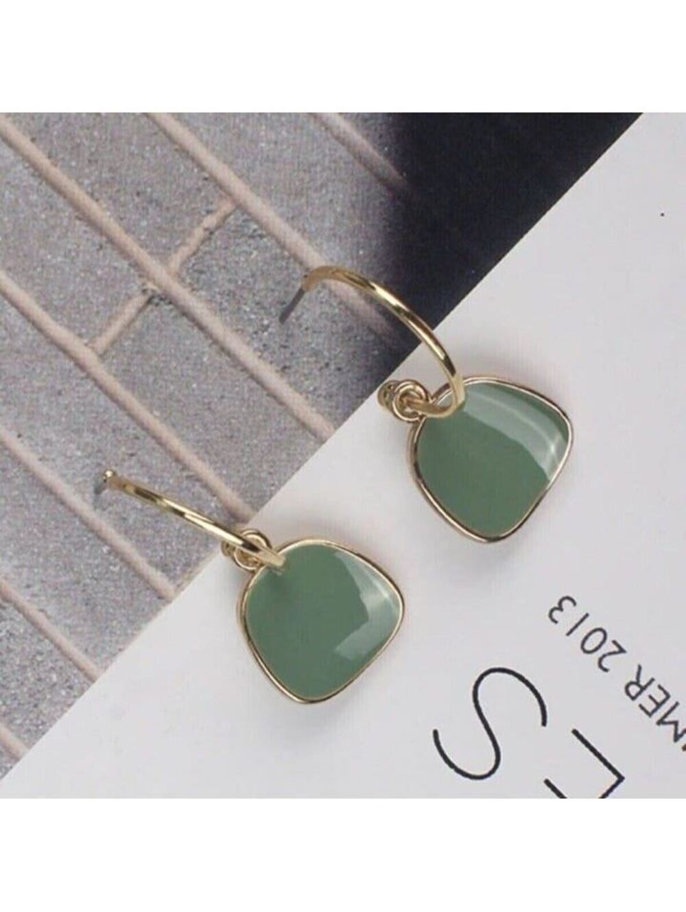 Mid Century Modern Style Avocado Green Gold Curved Square Enamel Hoop Earrings